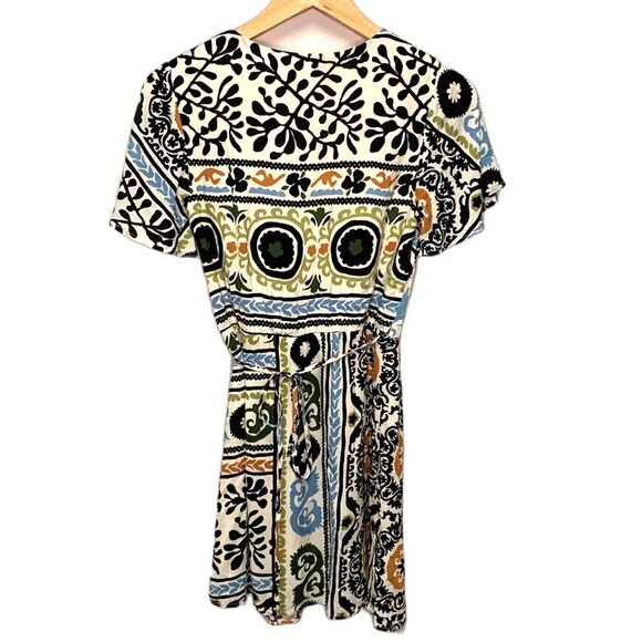 Lost + Wander Oracle Ivory Black Green Orange Wrap Print Mini Dress Size XS - Picture 2 of 13